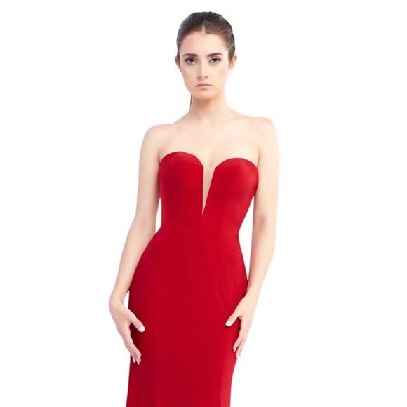 Mac Duggal Bustier Gown Women's 8 Red Strapless Sweetheart Maxi Pooled Train - Picture 12 of 13